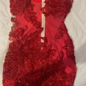 Custom Embellished Red Sequin Mesh Mini Dress-Handmade Birthday/Club Dress